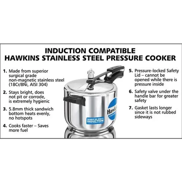 Hawkins Stainless Steel Inner Lid Pressure Cooker - Induction Base, With Handle, Silver, HSS50, 5 l-4.webp